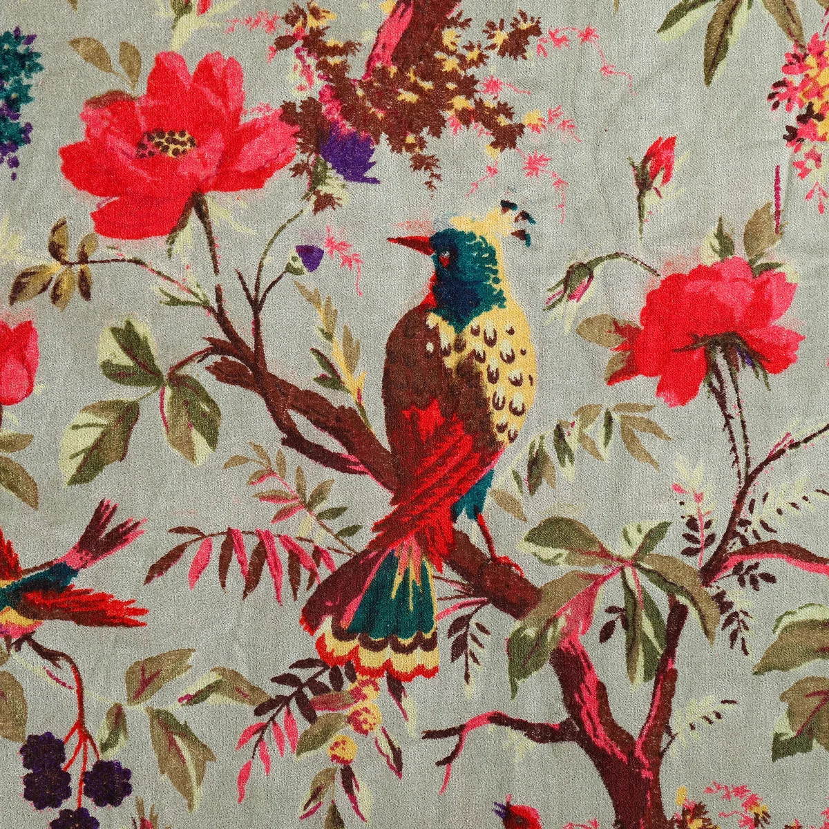 Pink Floral Bird Velvet Upholstery Fabric - Handicraft Palace